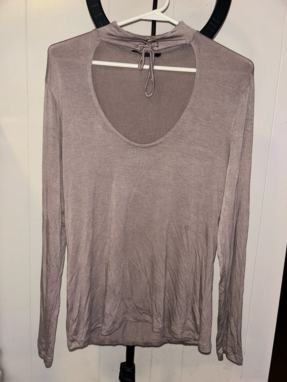 Women's Long-Sleeve Scoop Neck Top with Neck Tie - Taupe